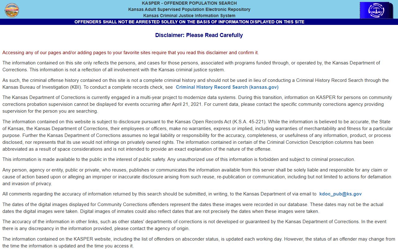 Clay County inmate population KDOC KASPER search disclaimer